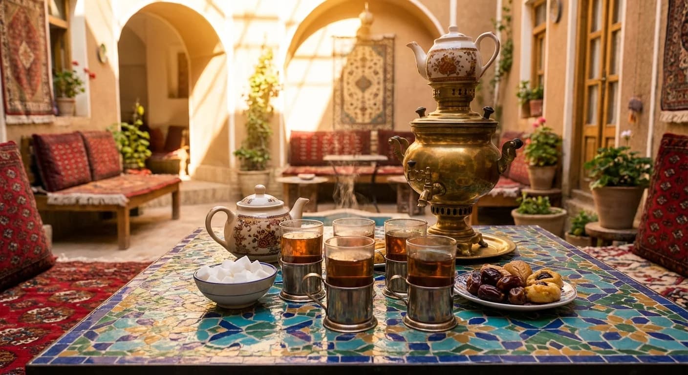 میز فارسی با فنجان چای، نعلبکی سرامیکی و یادداشتهای چیدمان